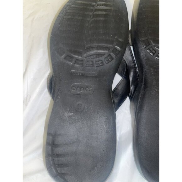 CROCS Black Leather rubber Thong Sandals Size 9 - Picture 8 of 11
